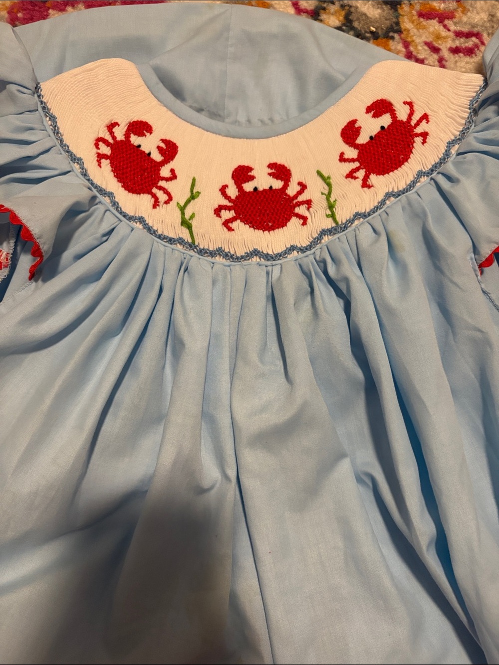 Light Blue Smocked Dress with Red Crab Motif